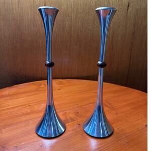 MCM Danish Modern Dansk Chrome 13.5" Tall Candleholders - Set of Two
